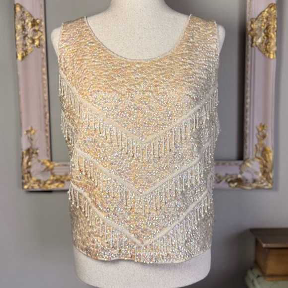 Vintage Sequin Beaded 60s Cream/Ivory Iridescent Cocktail Party Knit Top - Picture 1 of 13